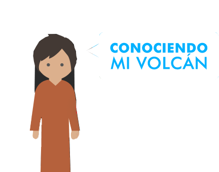 Ilustración: cielo azul, zona montañosa con un volcan activo